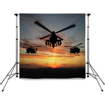 Silhouette Of Three Military Helicopters At Sunset Backdrops 2597149