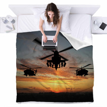 Silhouette Of Three Military Helicopters At Sunset Blankets 2597149