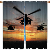 Silhouette Of Three Military Helicopters At Sunset Window Curtains 2597149