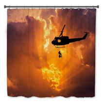Silhouette Soldiers In Action Rappelling Climb Down With Military Mission Counter Terrorism Assault Training On Sunset Background Bath Decor 122873129