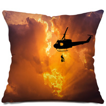 Silhouette Soldiers In Action Rappelling Climb Down With Military Mission Counter Terrorism Assault Training On Sunset Background Pillows 122873129