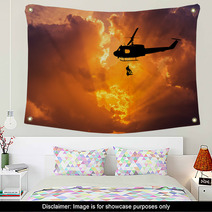 Silhouette Soldiers In Action Rappelling Climb Down With Military Mission Counter Terrorism Assault Training On Sunset Background Wall Art 122873129