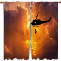 Silhouette Soldiers In Action Rappelling Climb Down With Military Mission Counter Terrorism Assault Training On Sunset Background Window Curtains 122873129