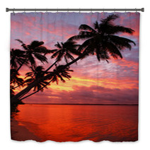 Silhouetted Palm Trees On A Beach At Sunset, Ofu Island, Tonga Bath Decor 67306571
