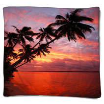Silhouetted Palm Trees On A Beach At Sunset, Ofu Island, Tonga Blankets 67306571