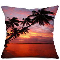 Silhouetted Palm Trees On A Beach At Sunset, Ofu Island, Tonga Pillows 67306571