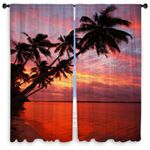 Silhouetted Palm Trees On A Beach At Sunset, Ofu Island, Tonga Window Curtains 67306571