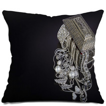 Silver Jewelry On Black Background Pillows 63659272