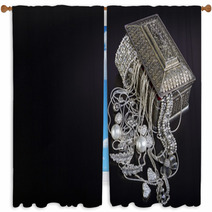 Silver Jewelry On Black Background Window Curtains 63659272