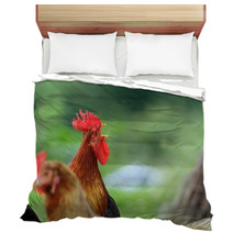 Singing Rooster Over Green Background Bedding 78952565