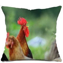 Singing Rooster Over Green Background Pillows 78952565