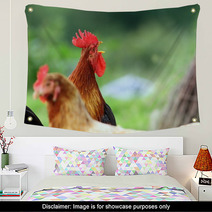 Singing Rooster Over Green Background Wall Art 78952565