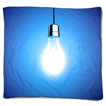 Single Lightbulb Shining A Bright Light On Blue Background Blankets 65162695