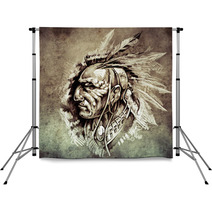 Sketch Of Tattoo Art American Indian Chief Illustration On Vint Backdrops 71316654