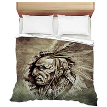 Sketch Of Tattoo Art American Indian Chief Illustration On Vint Bedding 71316654