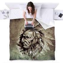 Sketch Of Tattoo Art American Indian Chief Illustration On Vint Blankets 71316654