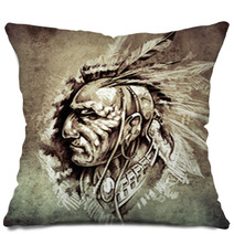 Sketch Of Tattoo Art American Indian Chief Illustration On Vint Pillows 71316654