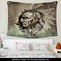Sketch Of Tattoo Art American Indian Chief Illustration On Vint Wall Art 71316654