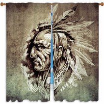Sketch Of Tattoo Art American Indian Chief Illustration On Vint Window Curtains 71316654
