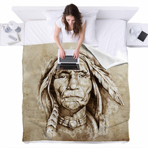 Sketch Of Tattoo Art Portrait Of American Indian Head Blankets 39910737