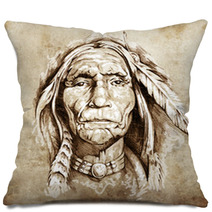 Sketch Of Tattoo Art Portrait Of American Indian Head Pillows 39910737