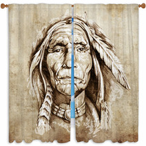 Sketch Of Tattoo Art Portrait Of American Indian Head Window Curtains 39910737