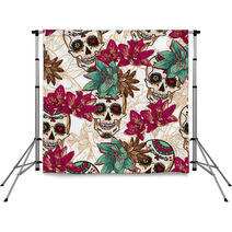 Skull, Hearts And Flowers Seamless Background Backdrops 60485140