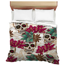 Skull, Hearts And Flowers Seamless Background Bedding 60485140
