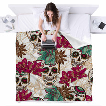 Skull, Hearts And Flowers Seamless Background Blankets 60485140