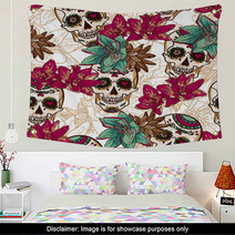 Skull, Hearts And Flowers Seamless Background Wall Art 60485140