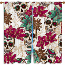 Skull, Hearts And Flowers Seamless Background Window Curtains 60485140
