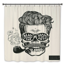 Skull Hipster Skull Silhouette With Mustache Beard Tobacco Pipes And Glasses Lettering Black Is Not Sad Black Is Poetic Vector Illustration In Vintage Engraving Style Perfect For T Shirt Print Bath Decor 115291465