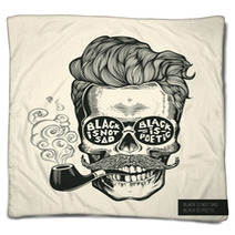 Skull Hipster Skull Silhouette With Mustache Beard Tobacco Pipes And Glasses Lettering Black Is Not Sad Black Is Poetic Vector Illustration In Vintage Engraving Style Perfect For T Shirt Print Blankets 115291465