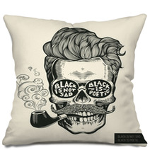 Skull Hipster Skull Silhouette With Mustache Beard Tobacco Pipes And Glasses Lettering Black Is Not Sad Black Is Poetic Vector Illustration In Vintage Engraving Style Perfect For T Shirt Print Pillows 115291465