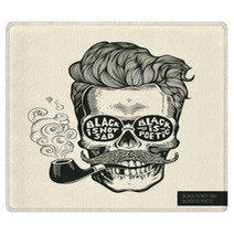 Skull Hipster Skull Silhouette With Mustache Beard Tobacco Pipes And Glasses Lettering Black Is Not Sad Black Is Poetic Vector Illustration In Vintage Engraving Style Perfect For T Shirt Print Rugs 115291465
