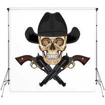 Skull In Cowboy Hat And Two Crossed Gun Backdrops 142299024