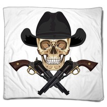 Skull In Cowboy Hat And Two Crossed Gun Blankets 142299024