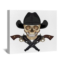 Skull In Cowboy Hat And Two Crossed Gun Wall Art 142299024