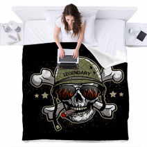 Skull In Sunglasses And A Military Helmet Blankets 117269203
