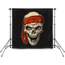 Skull Pirate In Bandana Smiling Black Vintage Engraving Vector Backdrops 131406586