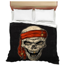 Skull Pirate In Bandana Smiling Black Vintage Engraving Vector Bedding 131406586