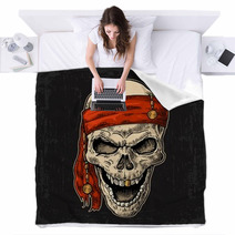 Skull Pirate In Bandana Smiling Black Vintage Engraving Vector Blankets 131406586