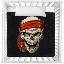 Skull Pirate In Bandana Smiling Black Vintage Engraving Vector Nursery Decor 131406586