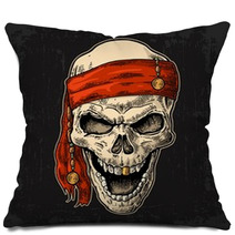 Skull Pirate In Bandana Smiling Black Vintage Engraving Vector Pillows 131406586