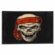 Skull Pirate In Bandana Smiling Black Vintage Engraving Vector Rugs 131406586