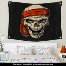 Skull Pirate In Bandana Smiling Black Vintage Engraving Vector Wall Art 131406586