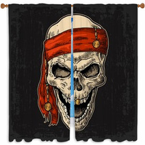 Skull Pirate In Bandana Smiling Black Vintage Engraving Vector Window Curtains 131406586
