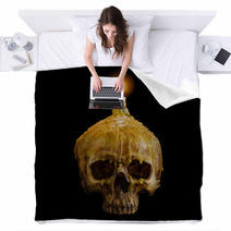 Skull With Candle Light On Top With Clipping Path On Black Backg Blankets 124002033