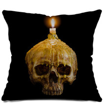 Skull With Candle Light On Top With Clipping Path On Black Backg Pillows 124002033