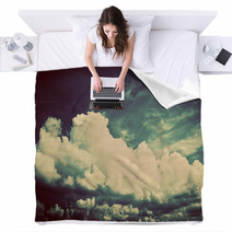 Sky With Fluffy Clouds. Retro, Vintage Style Blankets 61554559